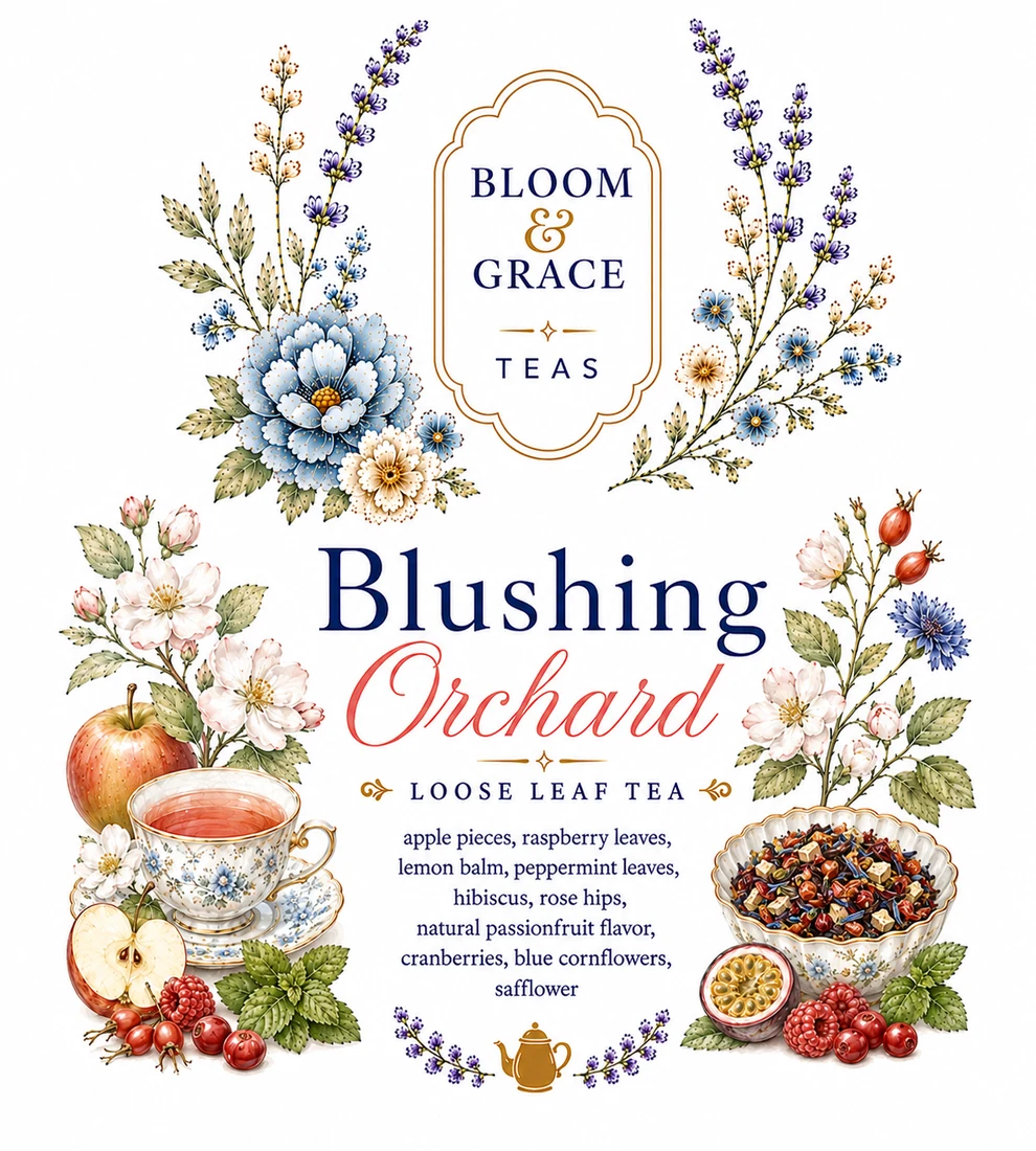 Blushing Orchard tea label